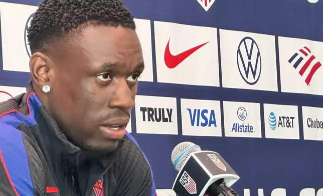 美國球員巴洛根（Folarin Balogun）於2026年3月27日周五在喬治亞州馬里埃塔，出席國家男子足球隊訓練前的記者會。(美聯社圖片/Ronald Blum) AP圖片