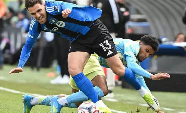 2026年4月11日周六，美職聯足球賽上半場，蒙特利爾CF隊球員盧卡柏查素（Luca Petrasso）在蒙特利爾擺脫費城聯隊球員拿丹夏里爾（Nathan Harriel）的防守。(Graham Hughes/The Canadian Press via AP) AP圖片