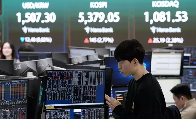 2026年4月3日周五，南韓首爾韓亞銀行總部外匯交易室內，一名外匯交易員在顯示南韓綜合股價指數（KOSPI）及美元兌韓圜匯率的屏幕前工作。(美聯社圖片/Ahn Young-joon) AP圖片