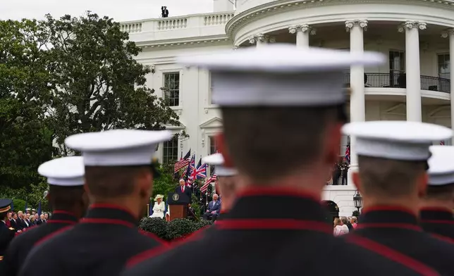 2026年4月28日周二，華盛頓白宮南草坪舉行的歡迎儀式上，總統特朗普發言。(美聯社圖片/Julia Demaree Nikhinson) AP圖片