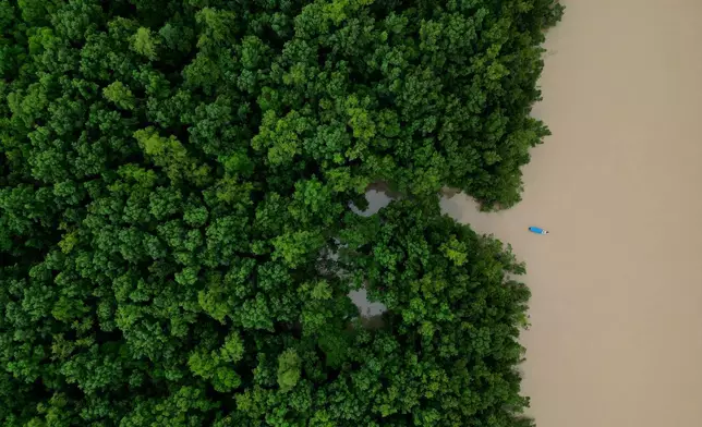 2026年3月12日周四，一艘漁船在烏阿卡河（Uaca River）口航行，該區域位於烏阿卡原住民領地（Uaca Indigenous Territory），靠近巴西阿馬帕州（Amapa）奧亞波克（Oiapoque）市奧蘭治角（Cabo Orange）的紅樹林和生物多樣性保護區。(美聯社圖片/Eraldo Peres) AP圖片