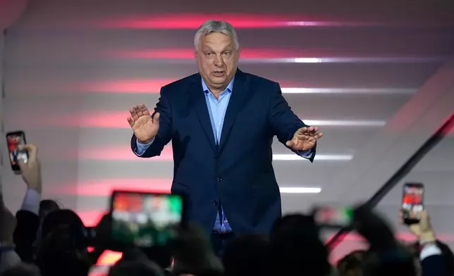 2026年4月12日周日，匈牙利布達佩斯，匈牙利總理歐爾班在收到國會選舉結果後發表講話。(美聯社圖片/Petr David Josek) AP圖片