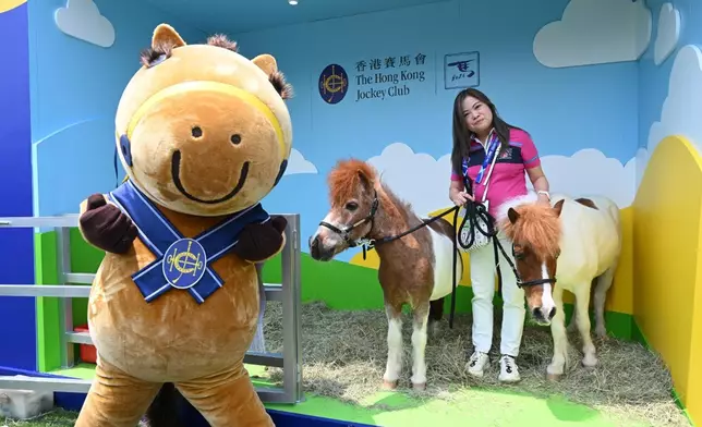 文化體育及旅遊局局長羅淑佩於馬會展區與雪特蘭小馬合照。