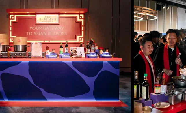 賓客於李錦記展位品嚐創意小食，包括牛頰肉刈包及賽螃蟹鮮蝦餃，交流烹飪心得。