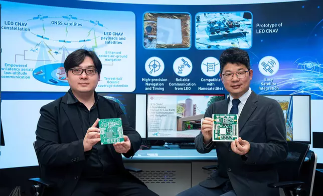 理大航空及民航工程學系研發的全港首個低軌通信導航一體衛星載荷「LEO CNAV」成功發射升空，將開展在軌測試。研究團隊由該系航空工程講座教授溫志湧教授帶領，助理教授徐兵教授（右）及助理教授（研究）王天奇博士（左）分別擔任衛星載荷設計師及系統集成與測試負責人。