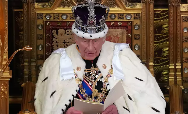 英王查理斯三世發表御座致辭，公布英國政府未來一年的立法與施政重點。AP圖片