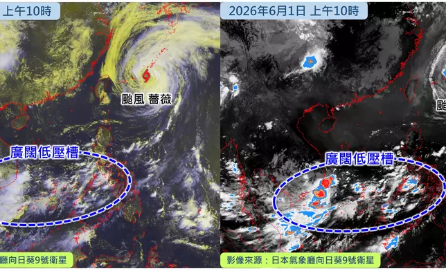 （左）今日上午10時正的衛星雲圖；
   （右）強對流天氣衛星圖像，受強對流天氣影響的區域以紅色顯示。
