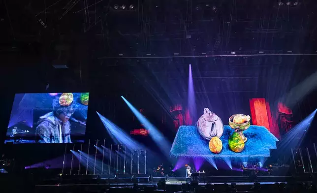 自彈自唱期間演出時大熒幕上播出啟豪多年來畫作。