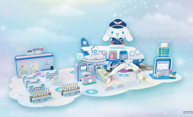 MCP 新都城中心「Cinnamoroll & Usahana 夢想飛行樂園」全景，展示 12 米長巨型飛機造型裝置及巨大化 Cinnamoroll 機長