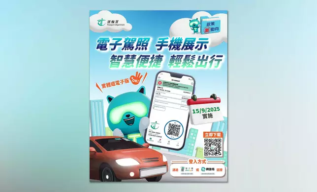 電子駕照登記用戶已升至約40萬人，通過「智方便」或「牌證易」登入指定程式，便可在智能手機展示電子駕照。運輸署社交網站圖片