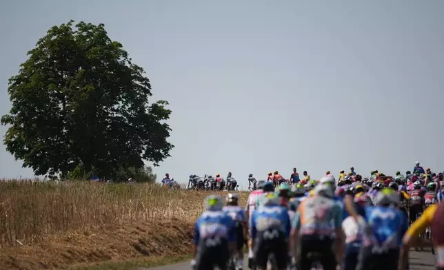 2026年7月8日周三，法國朗訥默藏，車隊在環法單車賽第五賽段期間騎行。該賽段全長158.3公里，起點為朗訥默藏，終點為波城。(美聯社圖片/Mosa'ab Elshamy) AP圖片