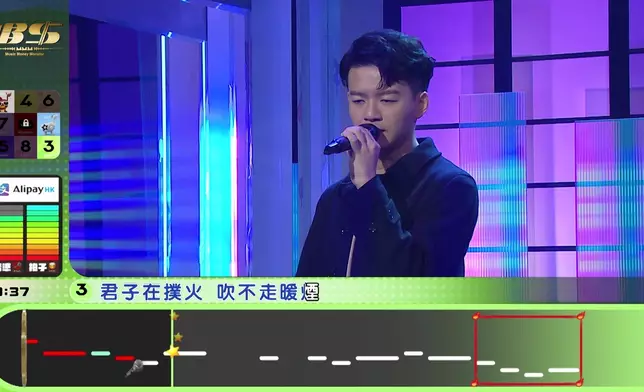 煲仔擅長唱「高音」，挑戰Level 3《餓狼傳說》，拍子奪得100%滿分。