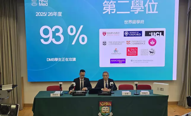 港大醫學院助理院長（入學事務—臨床科學課程）關日康（左）與港大副校長（健康）、醫學院院長劉澤星。巴士的報記者攝