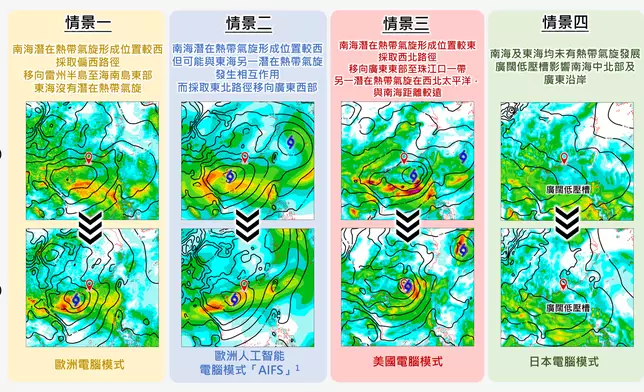 電腦模式之間對於南海及東海的低壓區預測仍存在分歧。天文台圖片