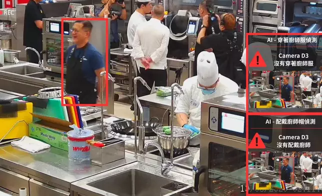 除協助評審外，AI 智能鏡頭亦可廣泛應用於智慧廚房管理，透過實時監測廚房環境及衞生情況，例如地面積水、違規吸煙及設備異常等，並即時發出提示，協助提升食品安全、工作安全及營運效率，推動餐飲業邁向智慧化發展。中電圖片