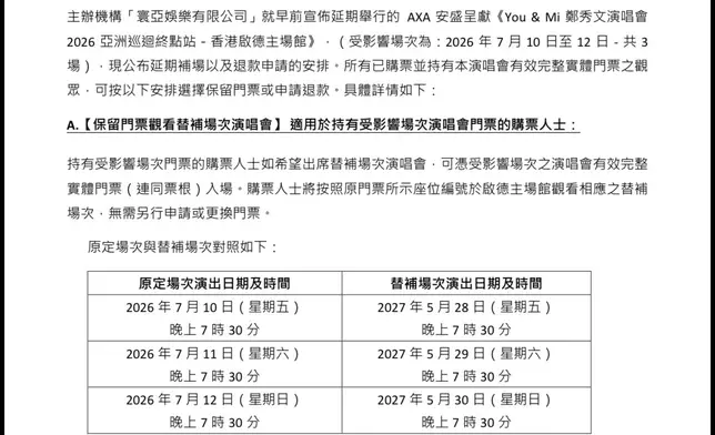 主辦方公布延期補場以及退款申請安排。