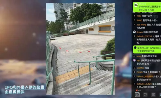 Megan在15樓下望飛碟及外星人位置。