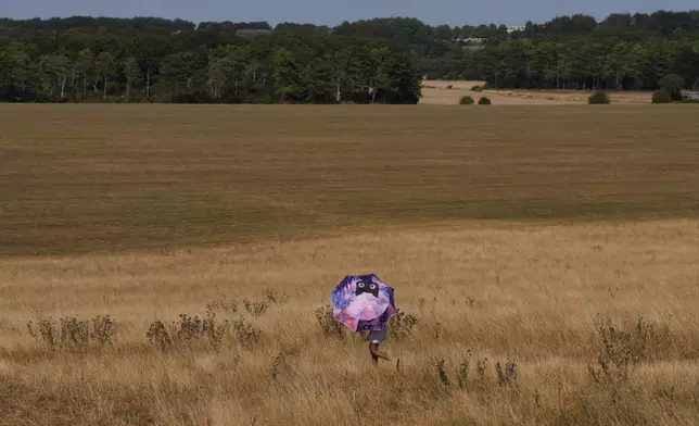 英格蘭威爾特郡巨石陣，一人撐傘走過乾枯的草地。攝於2026年8月13日周四。(美聯社圖片/Kin Cheung) AP圖片