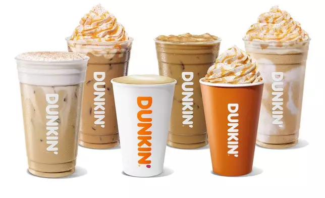 Dunkin’南瓜飲品回歸，帶來全新及回歸的特色產品，例如南瓜香料特調鮮奶咖啡、南瓜雲朵Dunkalatte、南瓜批咖啡冰沙等。 AP圖片