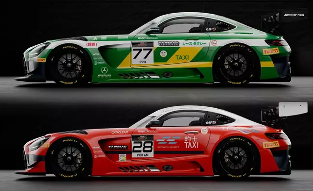兩部以的士為主題的Mercedes-AMG GT3賽車側面圖，展現香港與日本兩地的士拉花細節