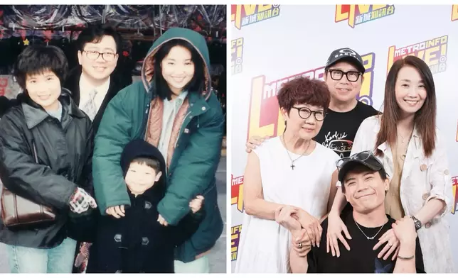 李有毅夫婦與兒子李國煒，聯同嘉賓許秋怡一同擺出1995年（左圖）的回憶殺甫士。