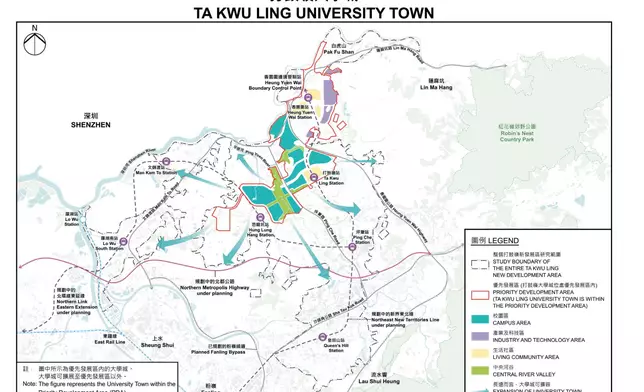 北部都會區打鼓嶺大學城用地分布示意圖。政府圖片