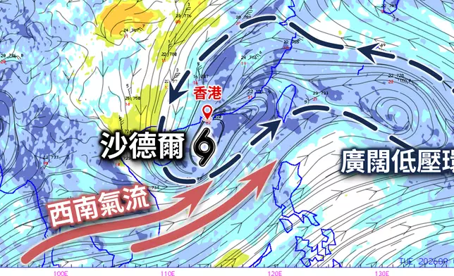 香港時間9月1日早上8時的925百帕斯卡（約1000米高空）風場及水汽分析圖