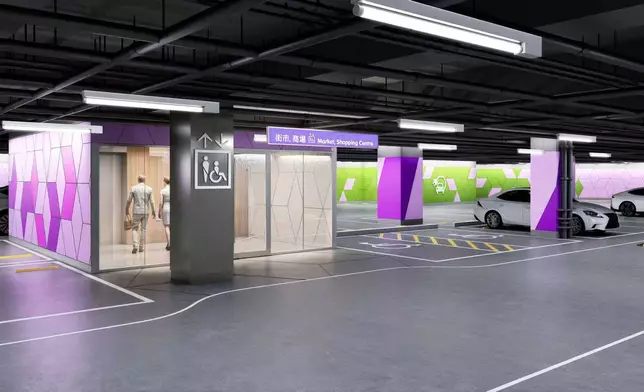 領達廣場停車場內的街市及商場入口指示，並設有傷健人士設施