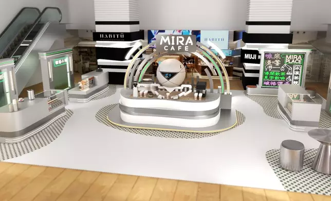 Mira Place B1中庭「新『昔』咖啡廳」全景，展現AI咖啡機械人與復古風格攤位。