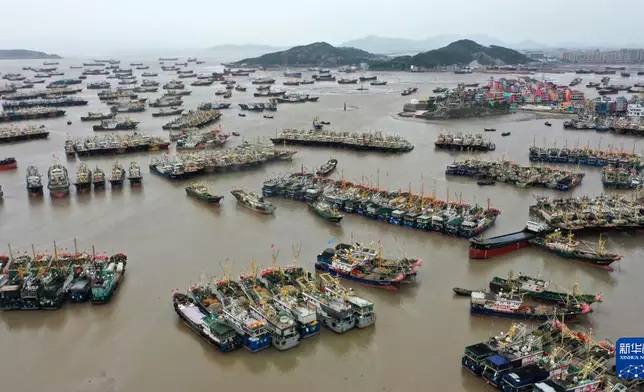 在浙江省溫嶺市石塘鎮箬山漁港，有漁船停泊，防御薔琵。新華社圖片