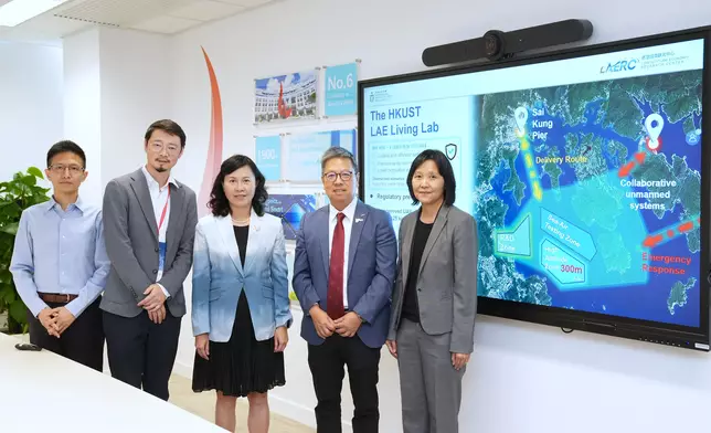 陳美寶早前聽取了科大低空經濟研究中心主任兼計算機科學及工程學系教授李默(左二)，分享科大低空經濟的「Living Lab」。陳美寶網誌圖片