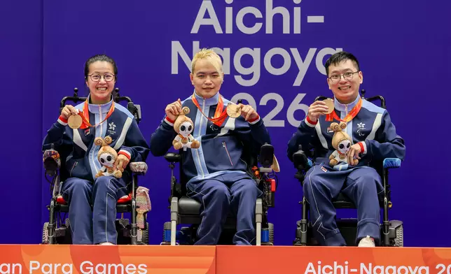 陳柏麟、龍子健和楊曉林在硬地滾球混合BC1／BC2級團體䝾目奪得銅牌。中國香港殘疾人奧委會圖片