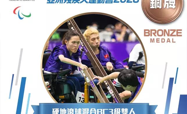 謝德樺及陳可欣在硬地滾球項目摘下銅牌。中國香港殘疾人奧委會圖片