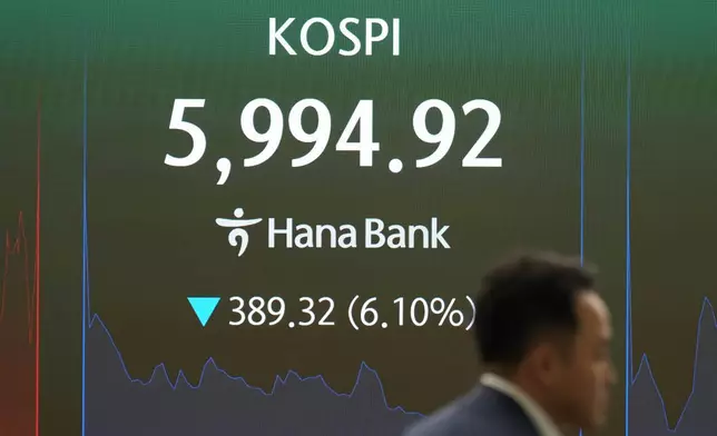 一名交易員走過顯示南韓綜合股價指數（KOSPI）的屏幕，攝於南韓首爾韓亞銀行交易室。周二（2026年10月13日）。(美聯社圖片/Lee Jin-man) AP圖片
