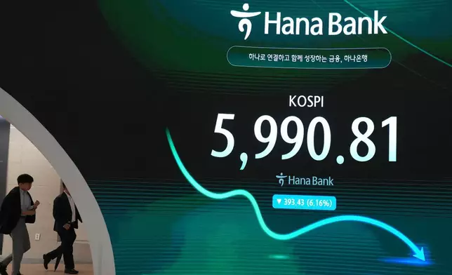 交易員走過顯示南韓綜合股價指數（KOSPI）的屏幕，攝於南韓首爾韓亞銀行交易室。周二（2026年10月13日）。(美聯社圖片/Lee Jin-man) AP圖片