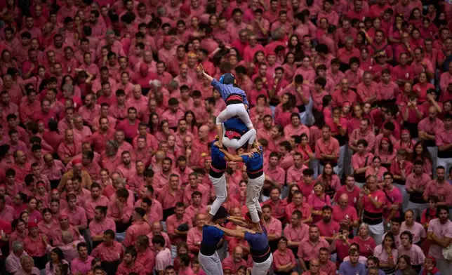 Castellers Vila de Gracia隊成員，在2026年10月4日周日西班牙塔拉戈納舉行的第三十屆疊人塔比賽中，搭建「疊人塔」。(美聯社圖片/Emilio Morenatti) AP圖片