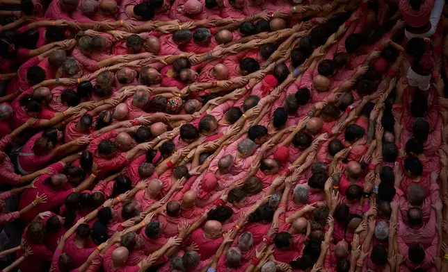 Castellers Colla Vella隊成員，在2026年10月4日周日西班牙塔拉戈納舉行的第三十屆疊人塔比賽中，搭建「疊人塔」。(美聯社圖片/Emilio Morenatti) AP圖片