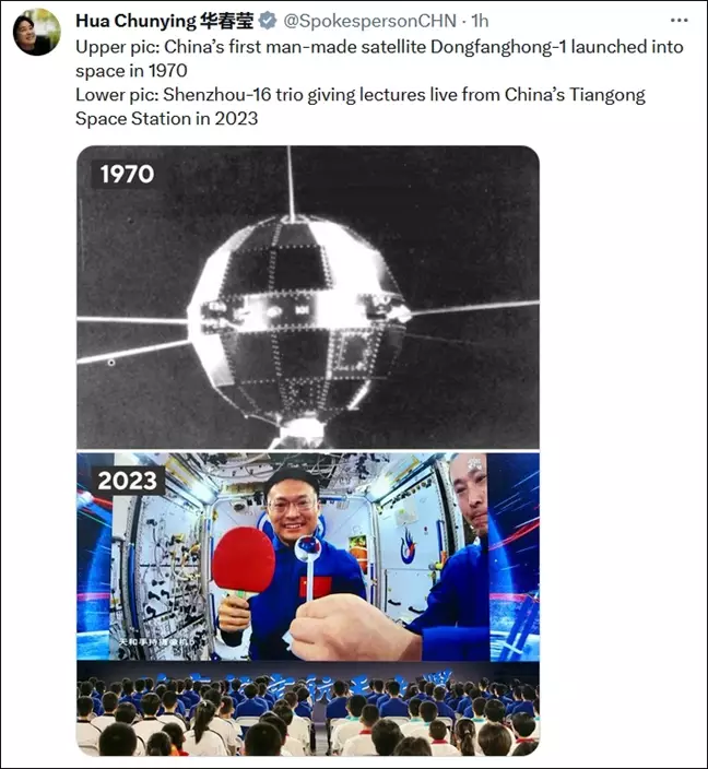「上圖：1970年，中國第一顆人造衛星『東方紅一號』發射升空。下圖：2023年，神舟十六號三人組在中國『天宮』空間站現場授課。」
