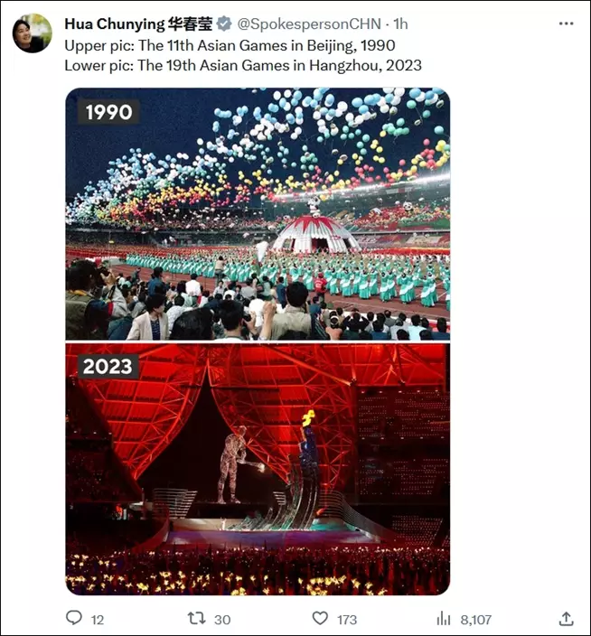 「上圖：1990年第十一届北京亞運會。下圖：2023年第十九届杭州亞運會。」