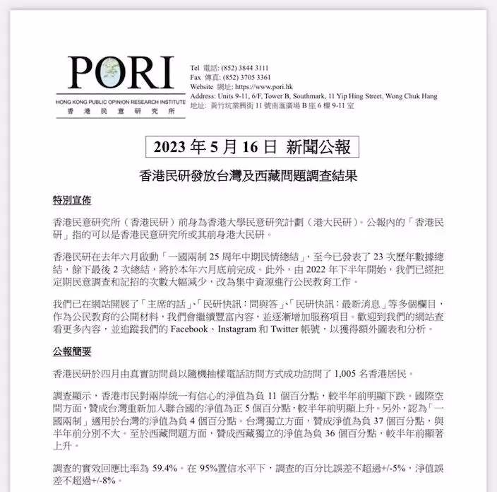香港民意研究所在網上公佈台獨藏獨民調。