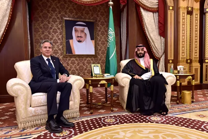 6 月 7 日，沙特王儲薩勒曼會見美國國務卿布林肯。AP圖片