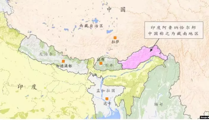 中印有爭議地區地圖: 中國藏南地區/印度「阿魯納恰爾邦」。