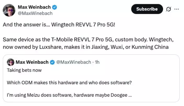 分析師 Max Weinbach 在X 平台指,「T1 」似乎與 「T-Mobile REVVL 7 Pro 5G」非常相似,而該款手機是中國製造。