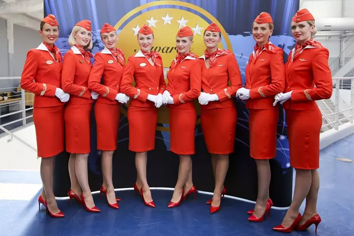 In this photo taken on Tuesday, June 20, 2017, some of Aeroflot's flight attendants pose for a photo at the World's Best Airline. (AP Photo/Marina Lystseva)