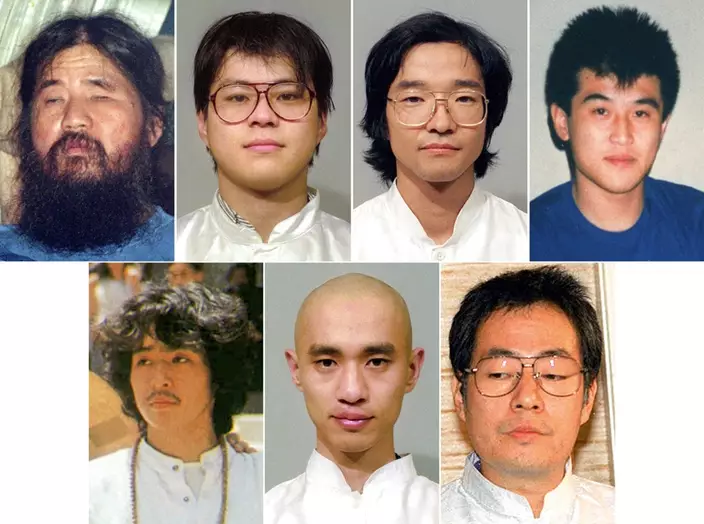 FILE - This combination of file photos shows Aum Shinrikyo cult leader Shoko Asahara, from top left to right, his cult members, Tomomasa Nakagawa, Seiichi Endo, and Masami Tsuchiya. Other members from bottom left to right, Yoshihiro Inoue, Tomomitsu Nimi, and Kiyohide Hayakawa. Japan executed the leader and six followers of a doomsday cult Friday, July 6, 2018, for a series of deadly crimes including a sarin gas attack on the Tokyo subway that killed 13 people in 1995. (Kyodo News via AP, File)