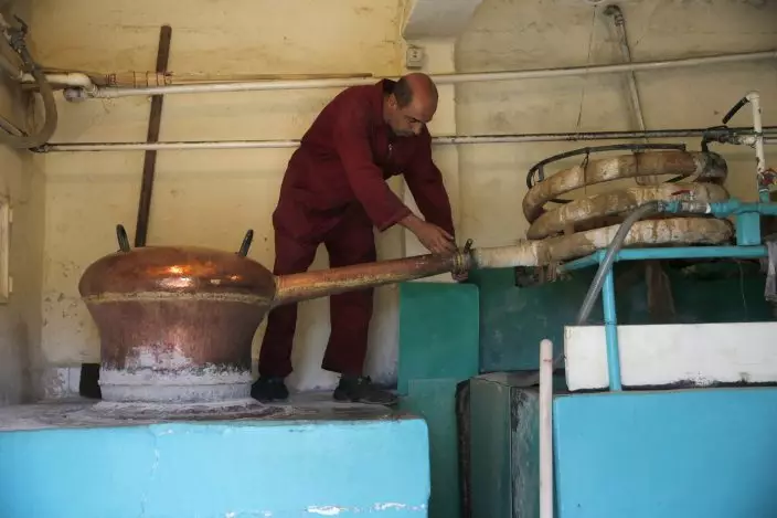 In this Saturday Sept. 8, 2018 photo, a worker checks on a brass still called a “karakeh” in Arabic, during a triple distillation process to make arak, Lebanon's national alcoholic drink, at the Doumaine de Tourelles winnery, in the town of Chtaura, east Lebanon. Homemade arak usually goes straight into gallon containers after distillation, ready for drinking. In commercial production, the arak sits in clay jugs for a year, making it smoother. (AP PhotoHussein Malla)