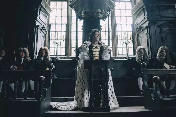 This image released by Fox Searchlight Films shows Olivia Colman in a scene from the film "The Favourite." (Atsushi NishijimaFox Searchlight Films via AP)