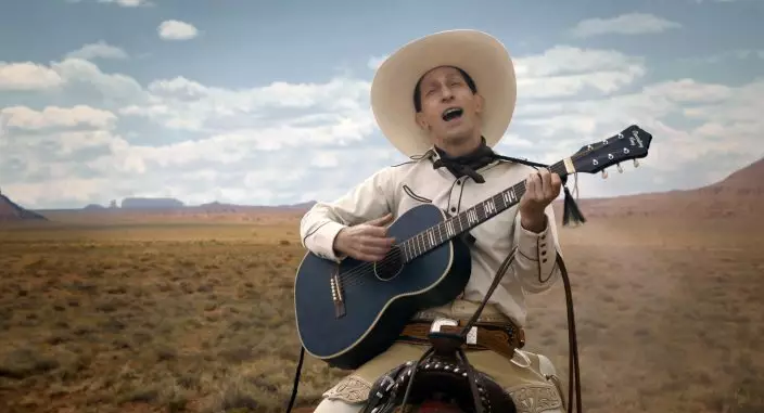 This image released by Netflix shows Tim Blake Nelson in a scene from "The Ballad of Buster Scruggs," a film by Joel and Ethan Coen streaming on Netflix. (Netflix via AP)