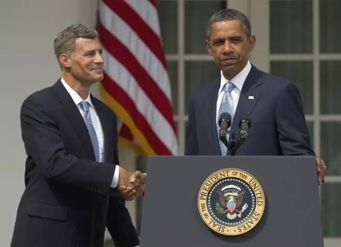 FILE- In this Aug. 29, 2011, file photo President Barack Obama shakes hands with Alan Krueger, left, as he announces him as chairman of the Council of Economic Advisers in the Rose Garden of the White House in Washington. Princeton University Professor Krueger, a groundbreaking economist who served as a top adviser, has died according to a statement by the university. (AP PhotoCarolyn Kaster, File)