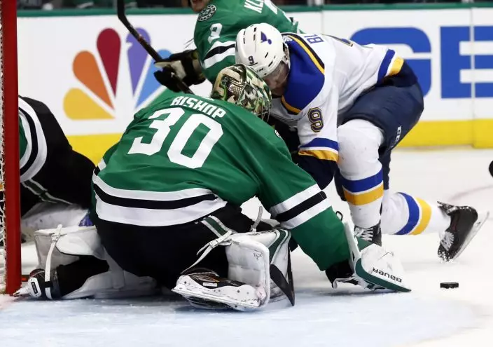 St. Louis Blues' Sammy Blais (9) is unable to score past past Dallas Stars goaltender Ben Bishop (30) during the second period in Game 6 of an NHL second-round hockey playoff series, Sunday, May 5, 2019, in Dallas. (AP PhotoTony Gutierrez)